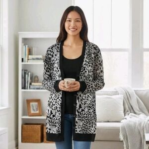 Chico's Gray and Black Leopard Print Open-Front Mesh Cardigan Size 3 (XL) Artsy